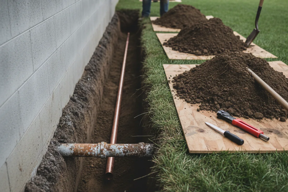 Excavated water line trench during Water Softener Installation in Strabane